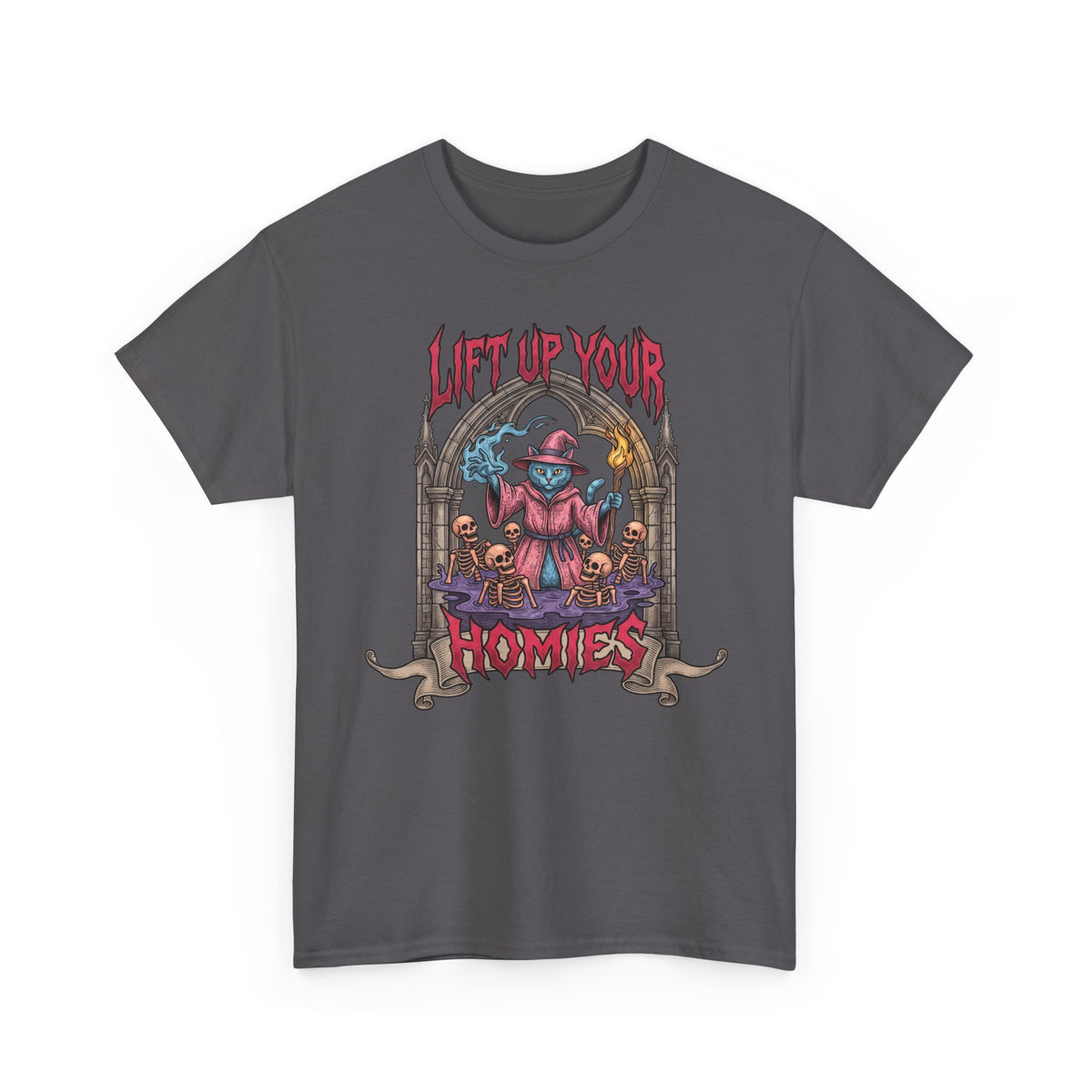 Lift Up Your Homies Wizard Cat T-Shirt — Necromancer Skeleton Feline Tee