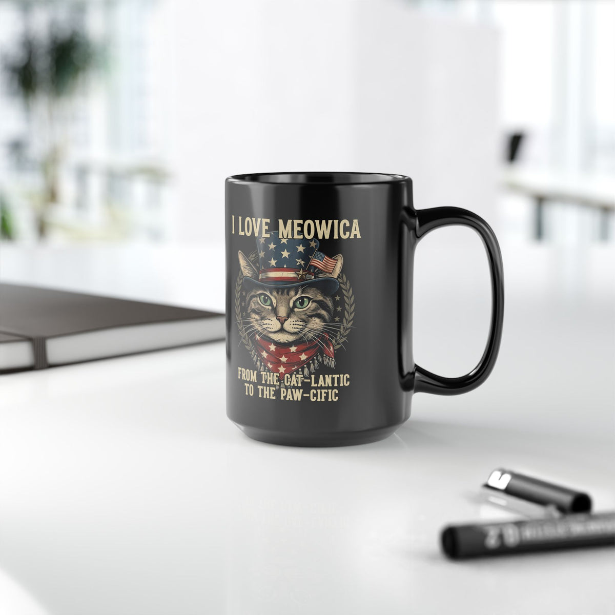 I Love MEOWICA Cat Black Mug — From the Cat-lantic to the Paw-cific