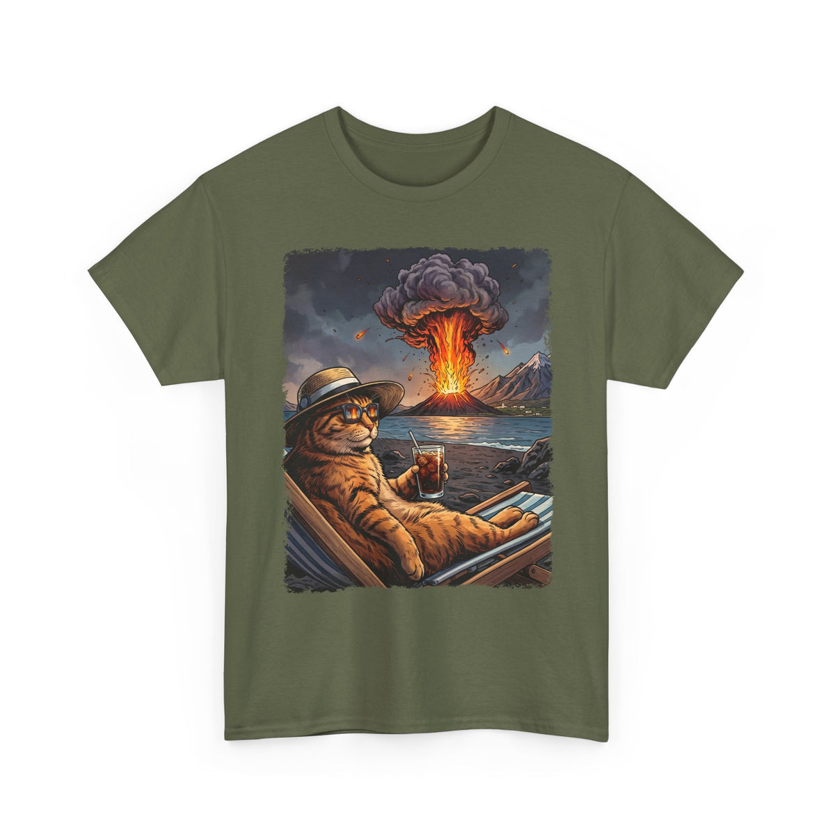 Unbothered Orange Cat Volcano T-Shirt — Funny Chaos Beach Lounging Tee
