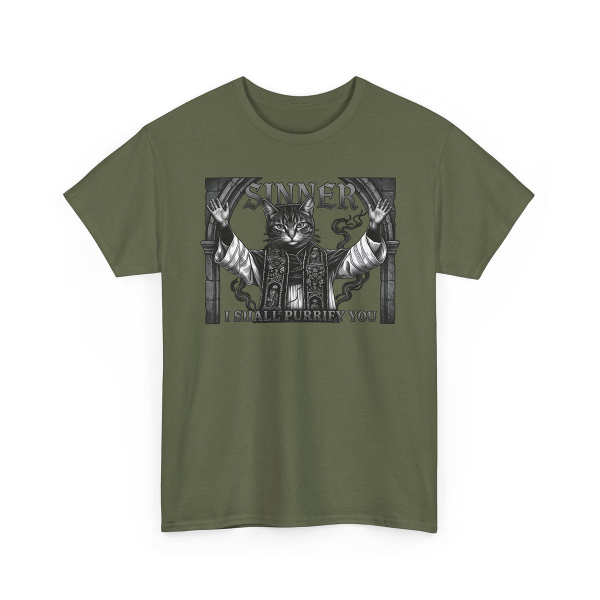 Sinner Shall I Purrify You Cat Tee — 'Purriest' Funny Gothic Cat Shirt