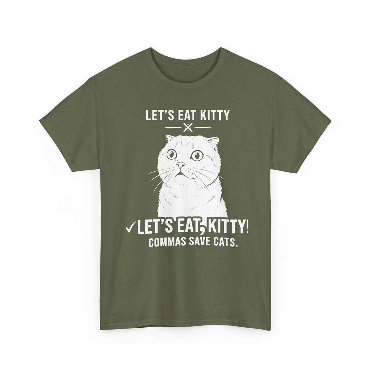 Let’s Eat, Kitty T-Shirt — Funny Grammar Cat Tee ("Commas Save Cats")