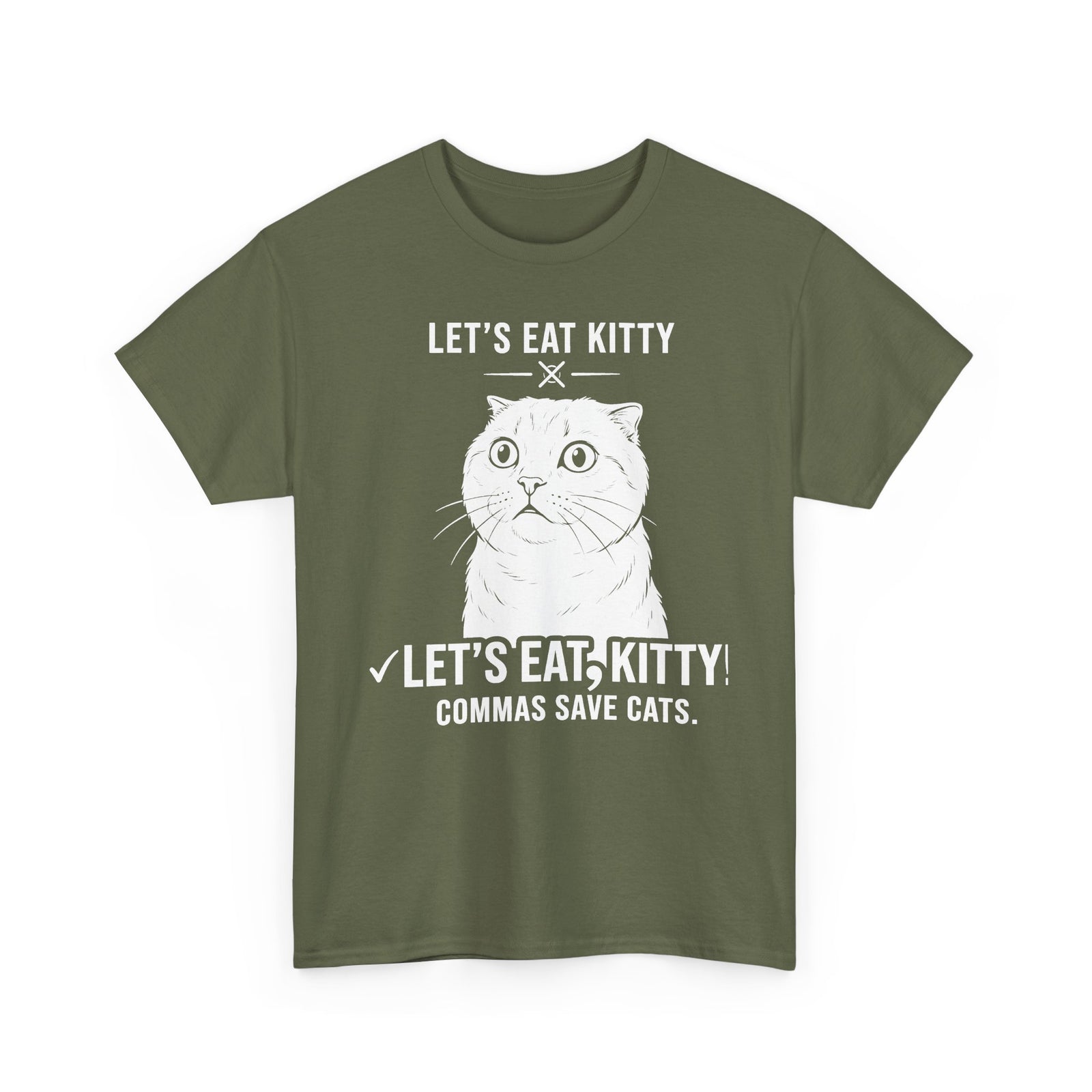 Let’s Eat, Kitty T-Shirt — Funny Grammar Cat Tee ("Commas Save Cats")