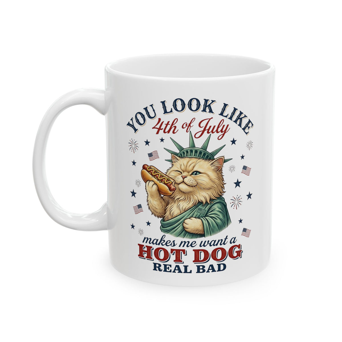4th of July Cat &amp; Hot Dog Ceramic Mug — Patriotic Fourth of July Mug