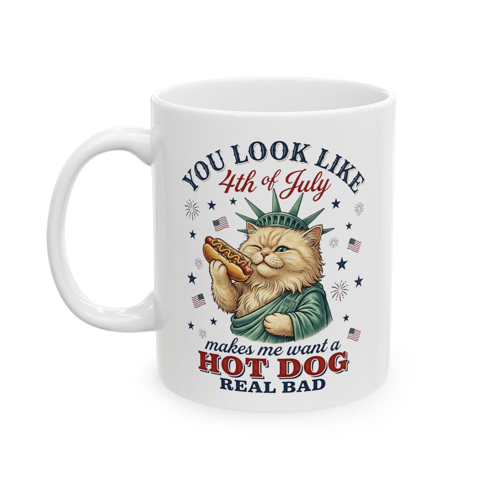 4th of July Cat & Hot Dog Ceramic Mug — Patriotic Fourth of July Mug