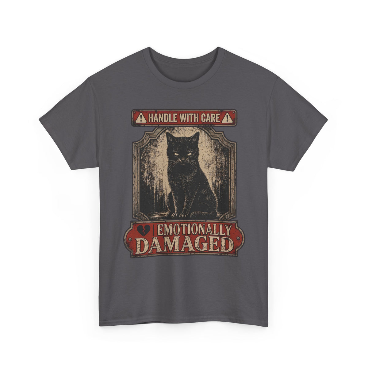 Emotionally Damaged Cat T-Shirt – "Handle With Care" Vintage Black Tee