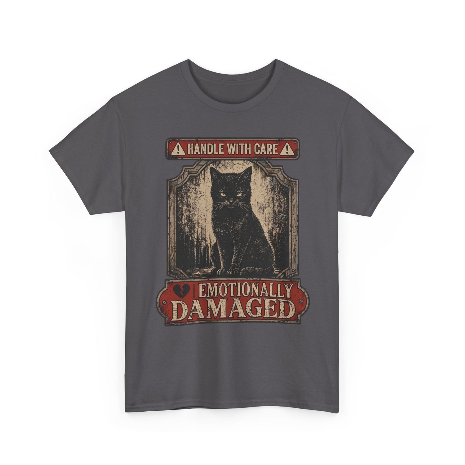 Emotionally Damaged Cat T-Shirt – "Handle With Care" Vintage Black Tee