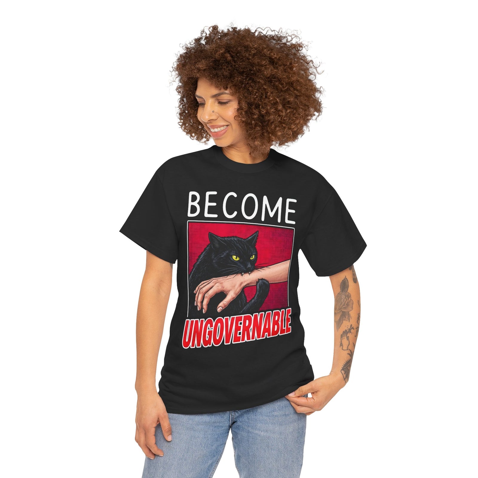 Become Ungovernable Black Cat T-Shirt — Funny Rebel Feline Biting Arm Tee