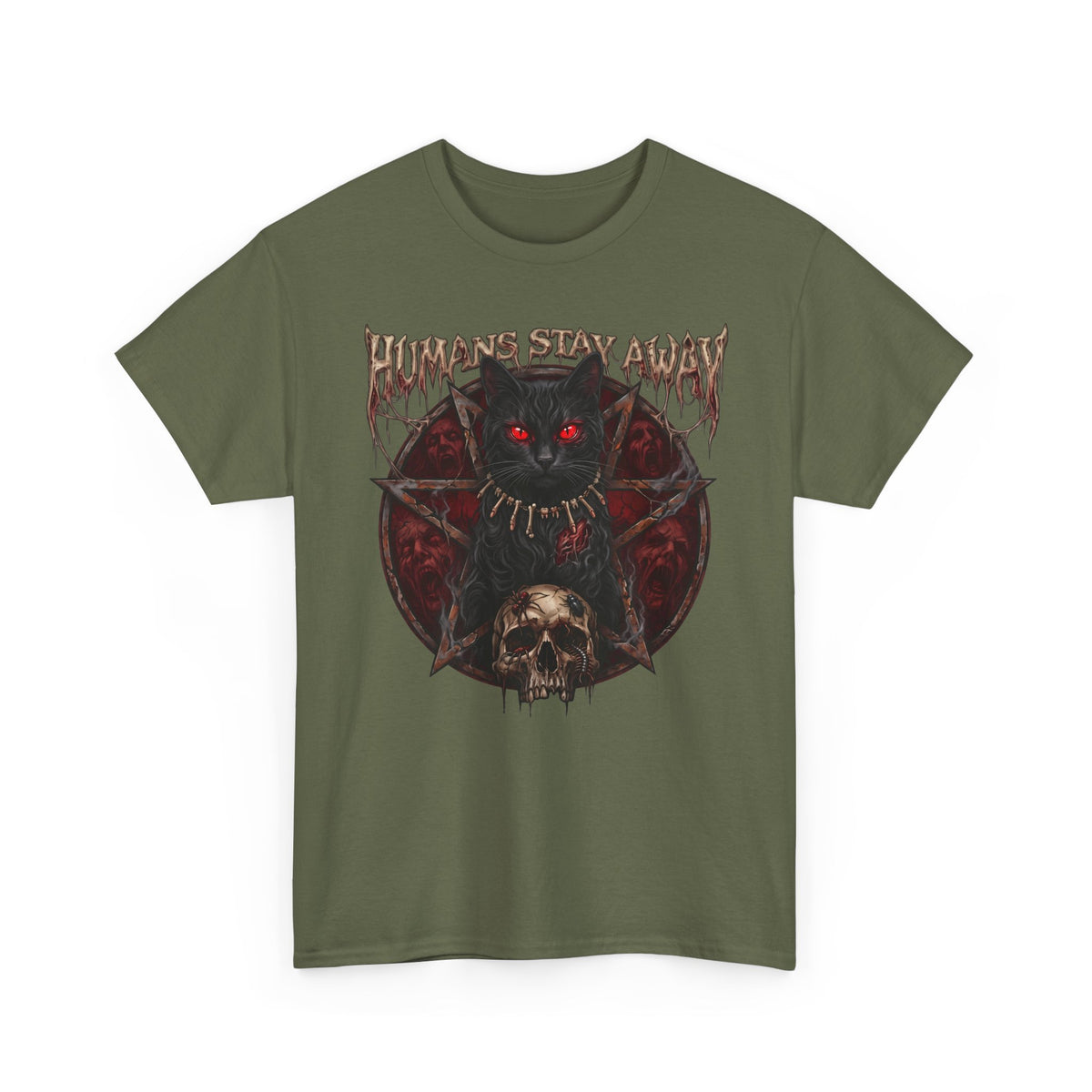 Humans Stay Away Occult Black Cat Shirt — Heavy Metal Pentagram T-Shirt
