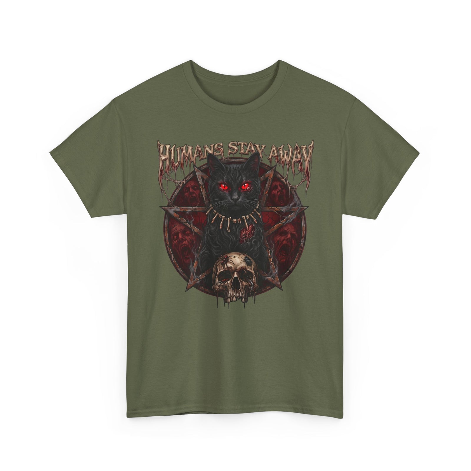 Humans Stay Away Occult Black Cat Shirt — Heavy Metal Pentagram T-Shirt