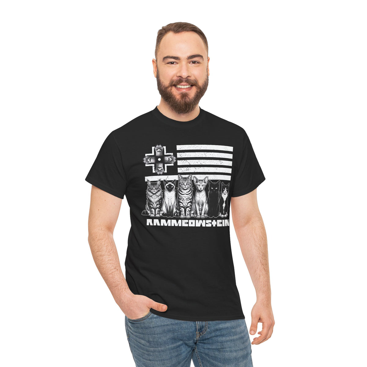 Rammowsteen Cats T-Shirt – Vintage Flag & Five Cats Graphic Tee