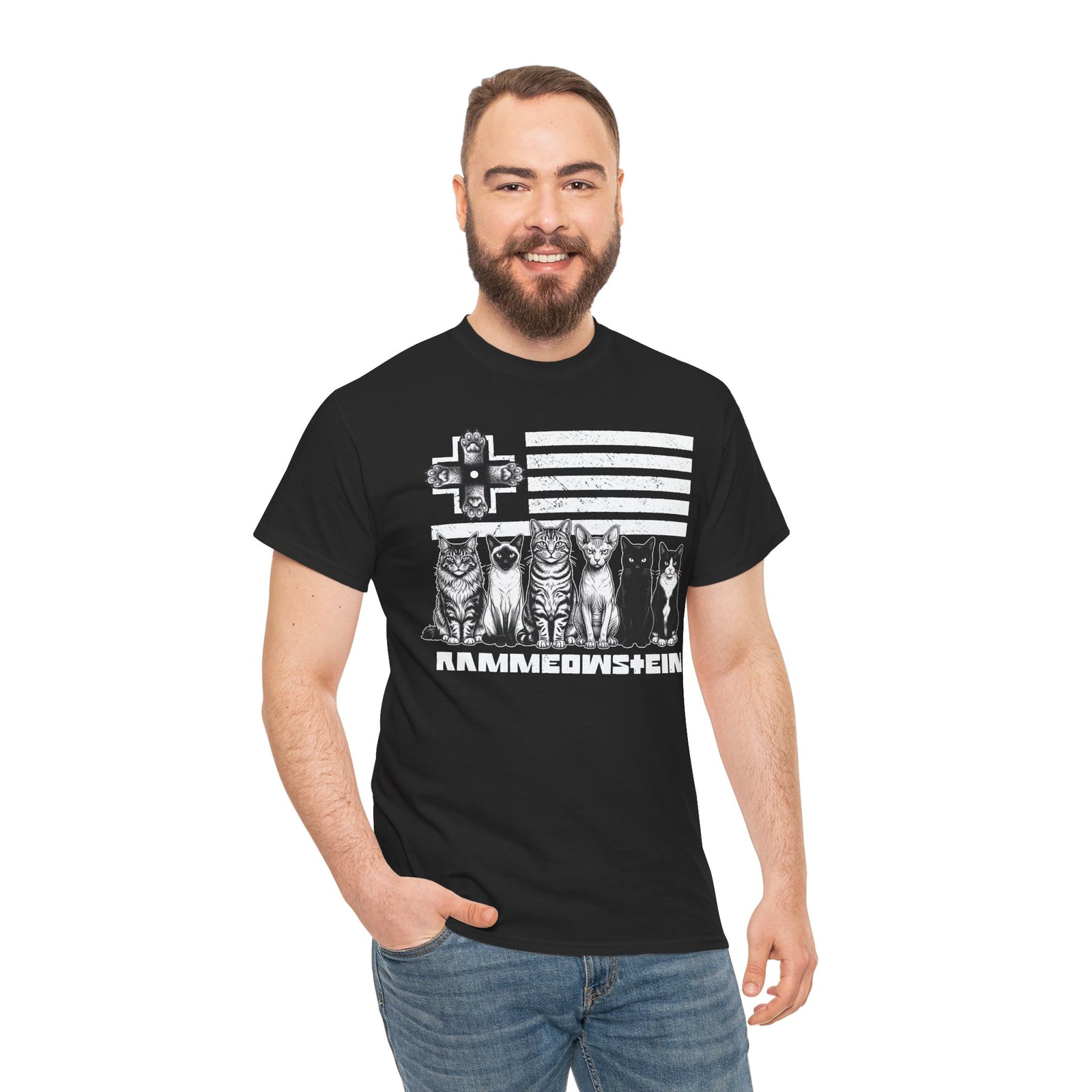 Rammowsteen Cats T-Shirt – Vintage Flag & Five Cats Graphic Tee