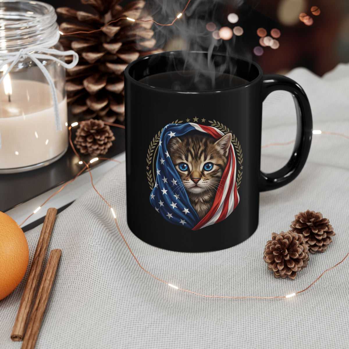 Patriotic American Flag Cat Black Mug Cute Kitten USA Pride