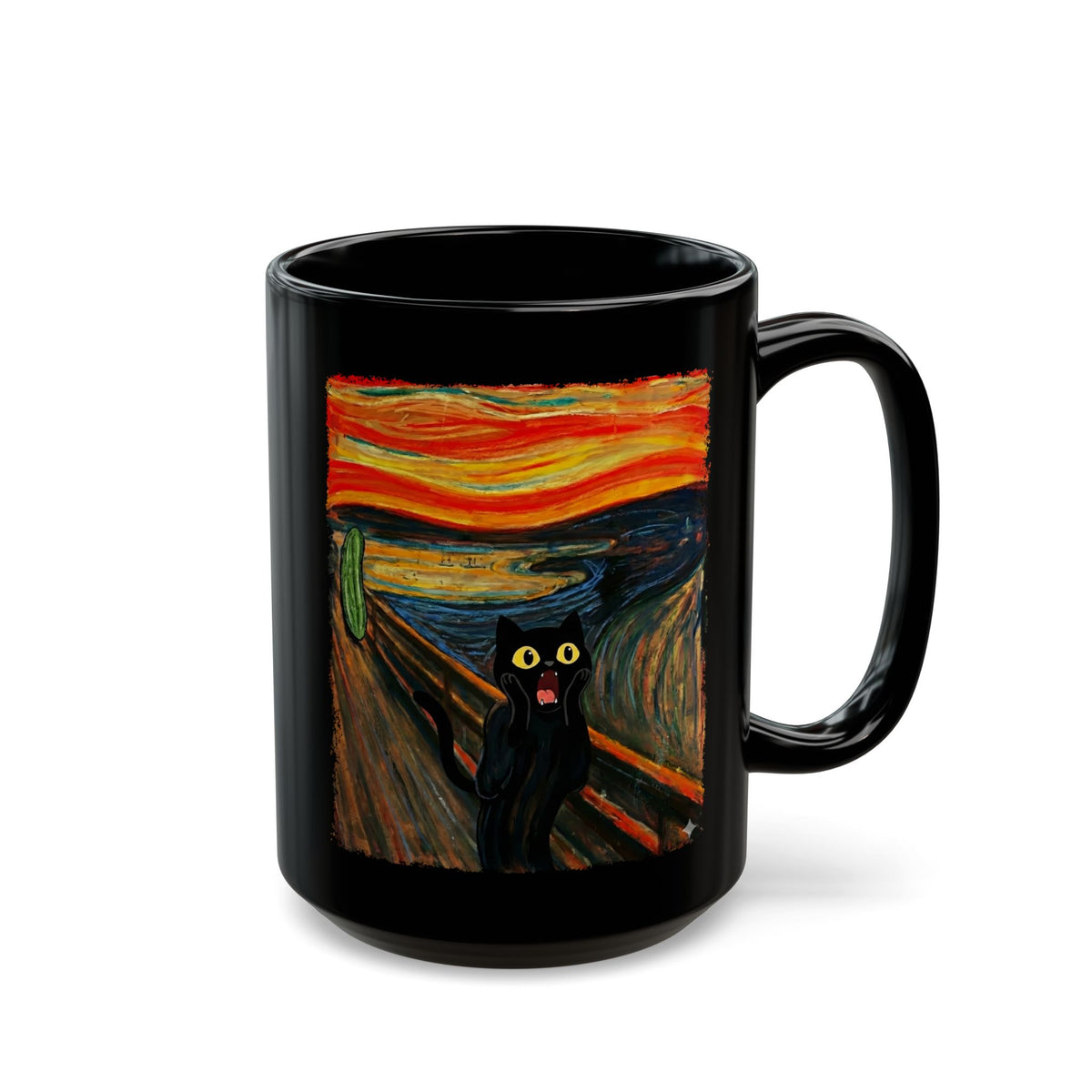Black Cat Scream Black Mug — Cats Scared by Cucumbers Graphic Mug