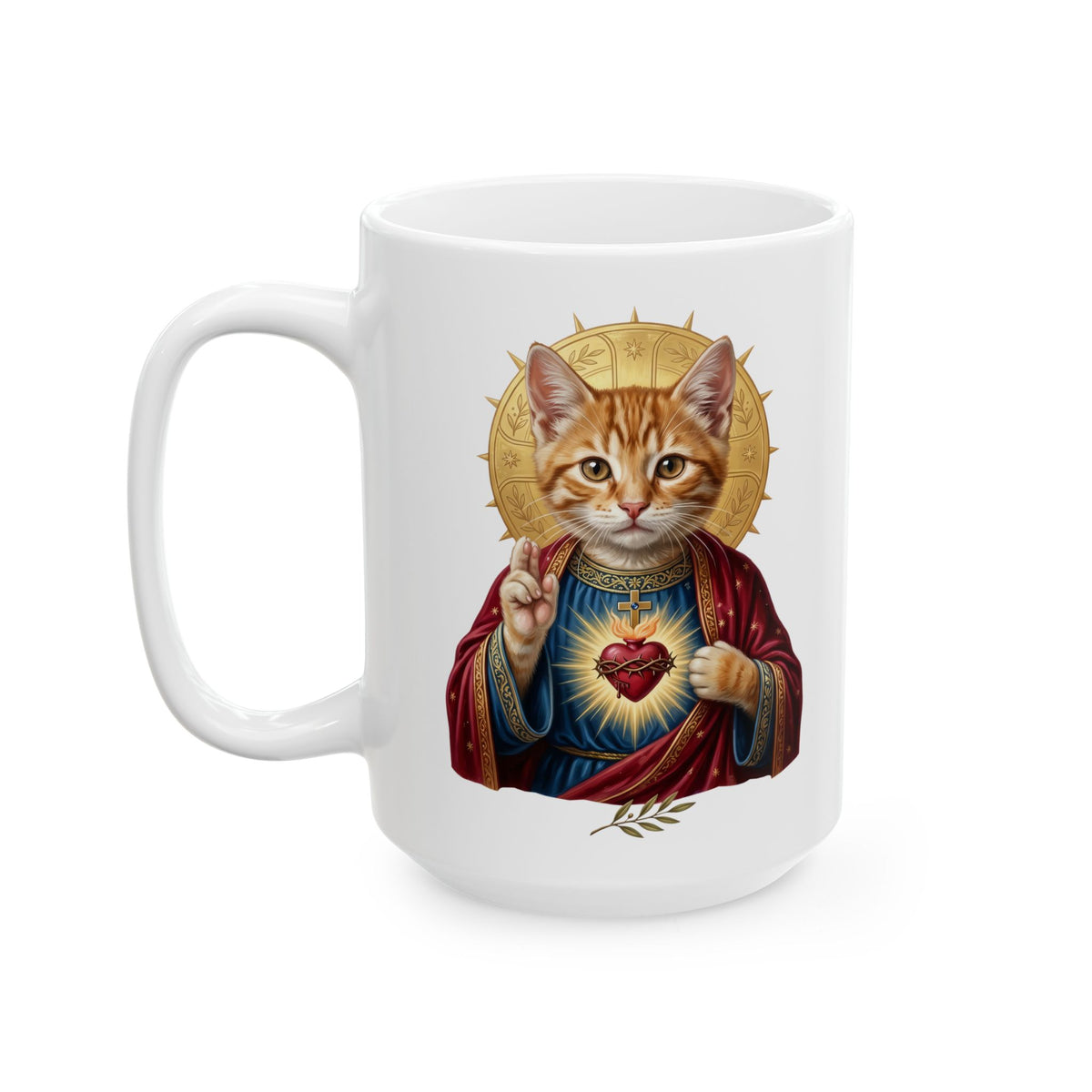 Sacred Heart Cat Ceramic Mug — Christian Religious Cat Lover Graphic Mug