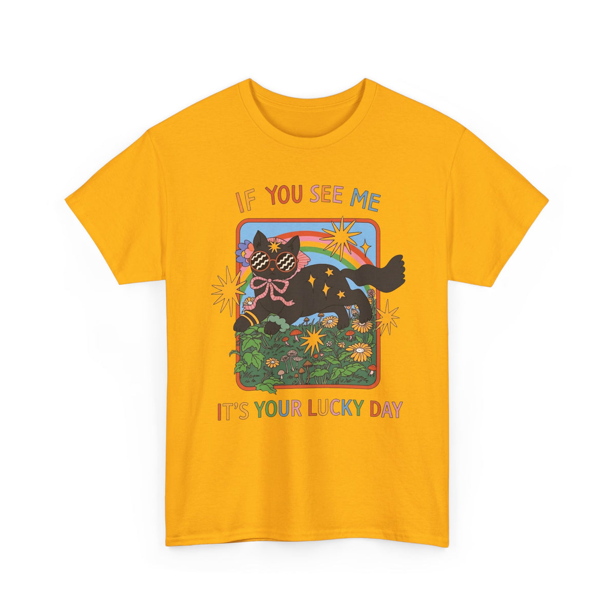 If You See Me It's Your Lucky Day T-Shirt — Retro Groovy Black Cat Rainbow Graphic Tee