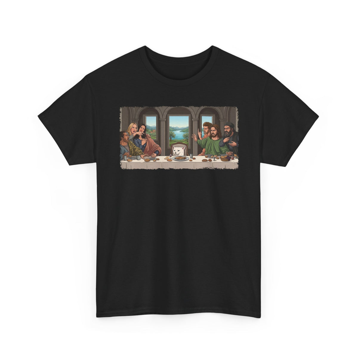 Last Supper x Woman Yelling at Cat Tee — Funny Religious Art Mashup T-Shirt