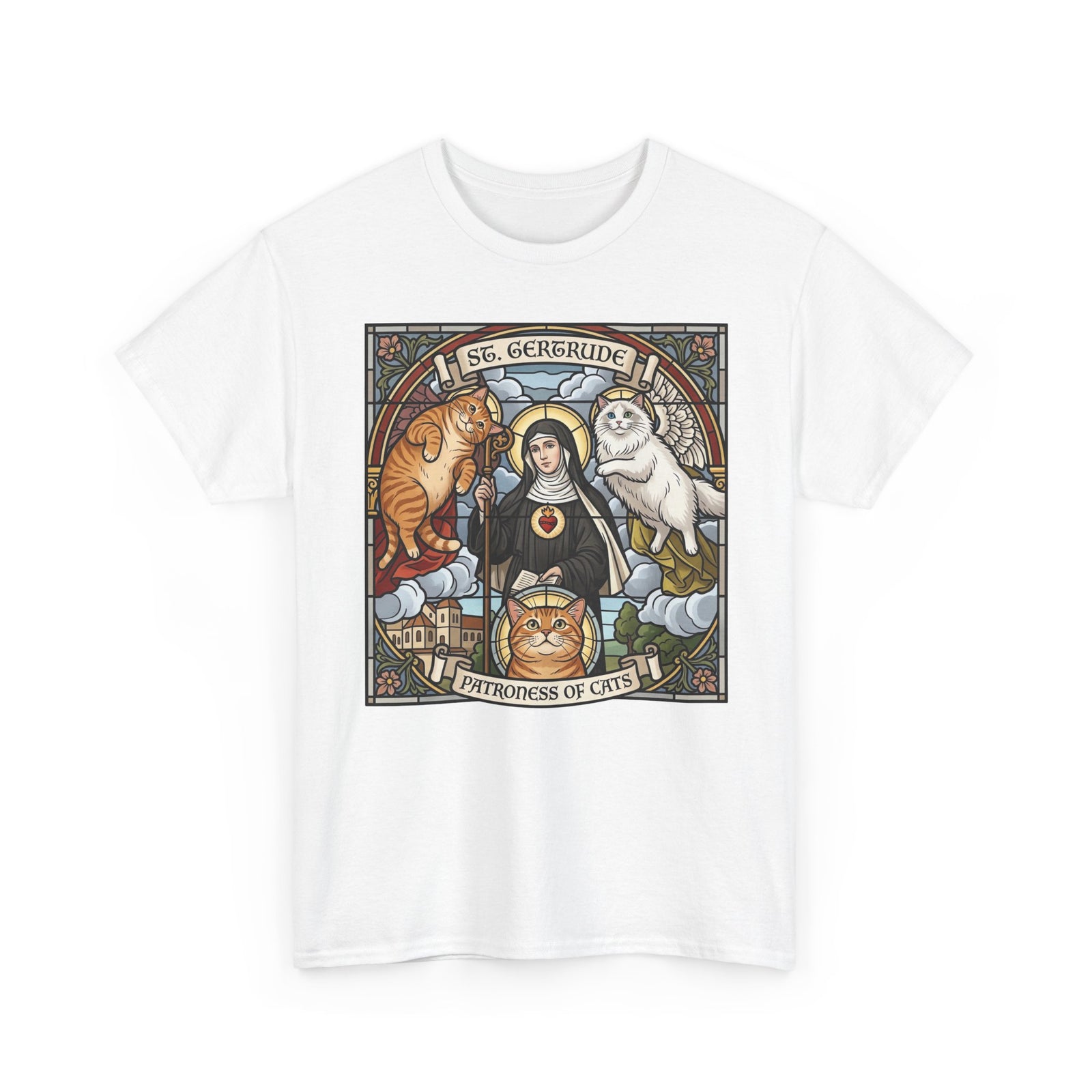 Saint of Cats T‑Shirt — "I See Herebound" Vintage Stained-Glass Cat Graphic Tee