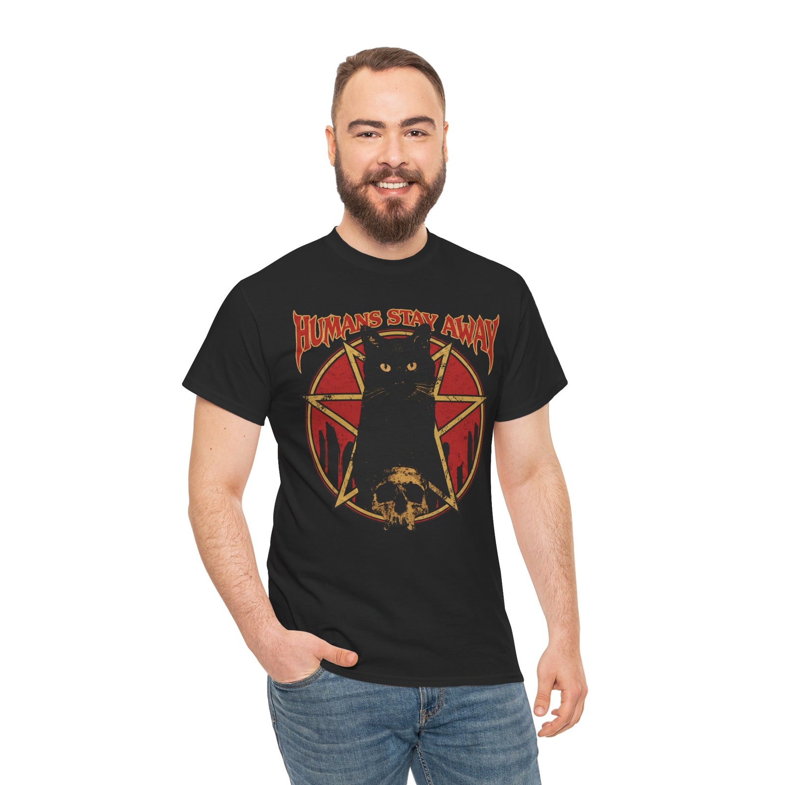 Humans Stay Away Black Cat T-Shirt — Heavy Metal Occult Pentagram Tee