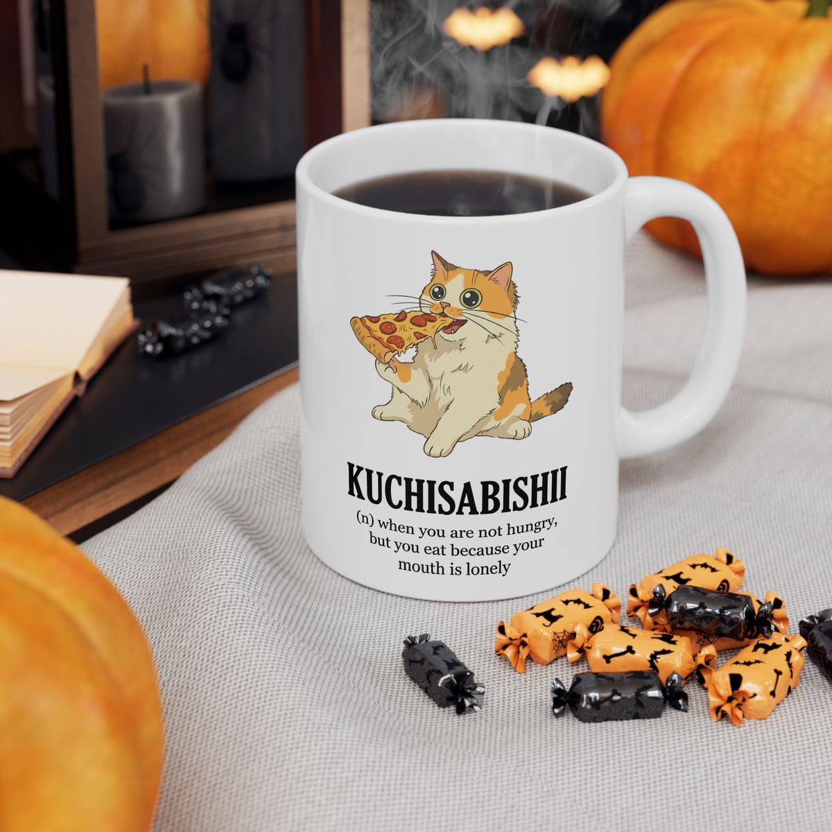 Kuchisabishii Lonely Mouth Ceramic Mug — Funny Cat Eating Pizza Mug