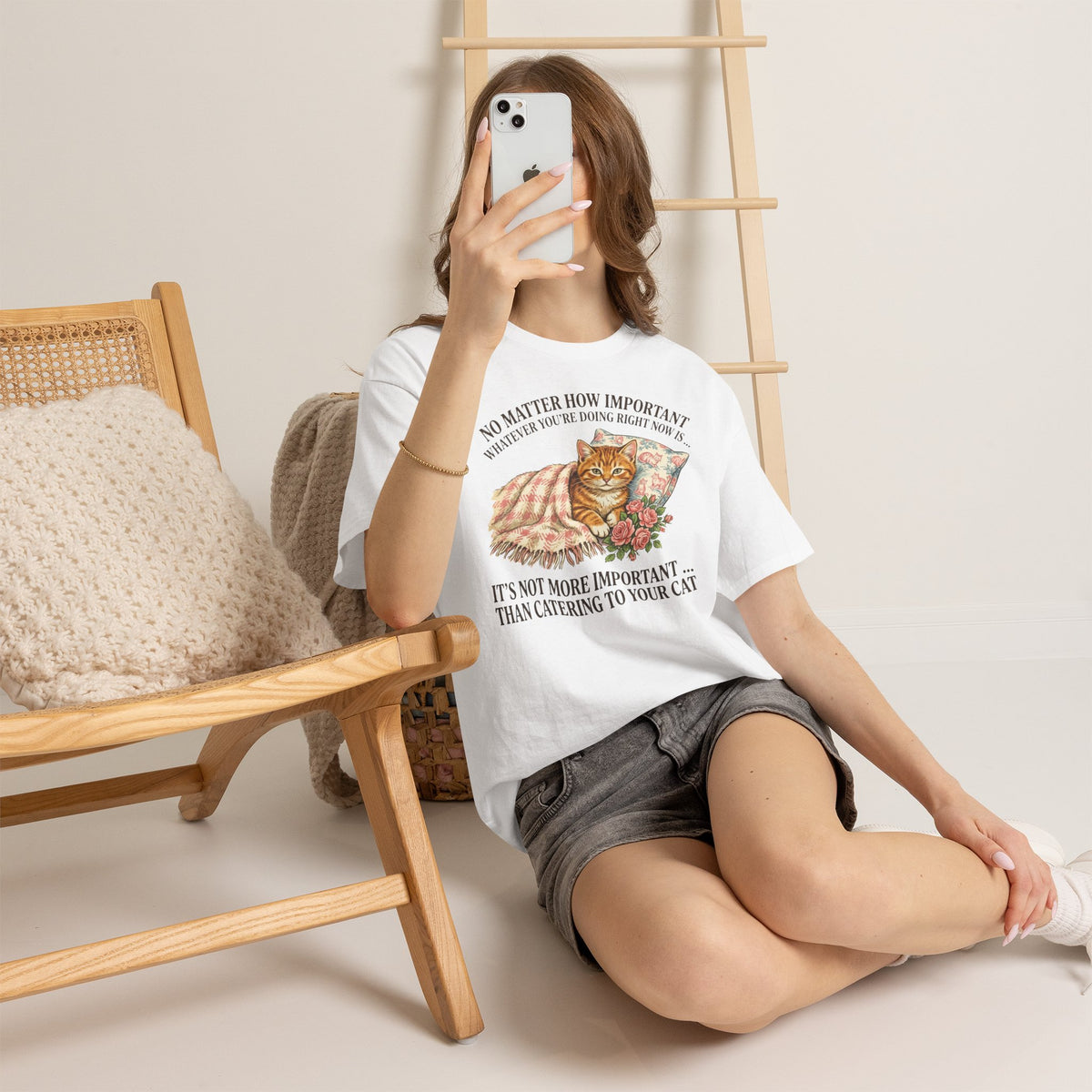 Catering To Your Cat T-Shirt — "No Matter How Important" Cat Lover Tee