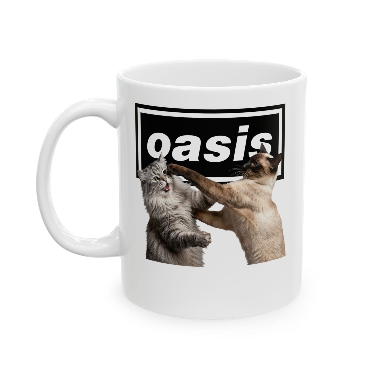Oasis Cat Fight Ceramic Mug — Desert Cat Battle Graphic Mug