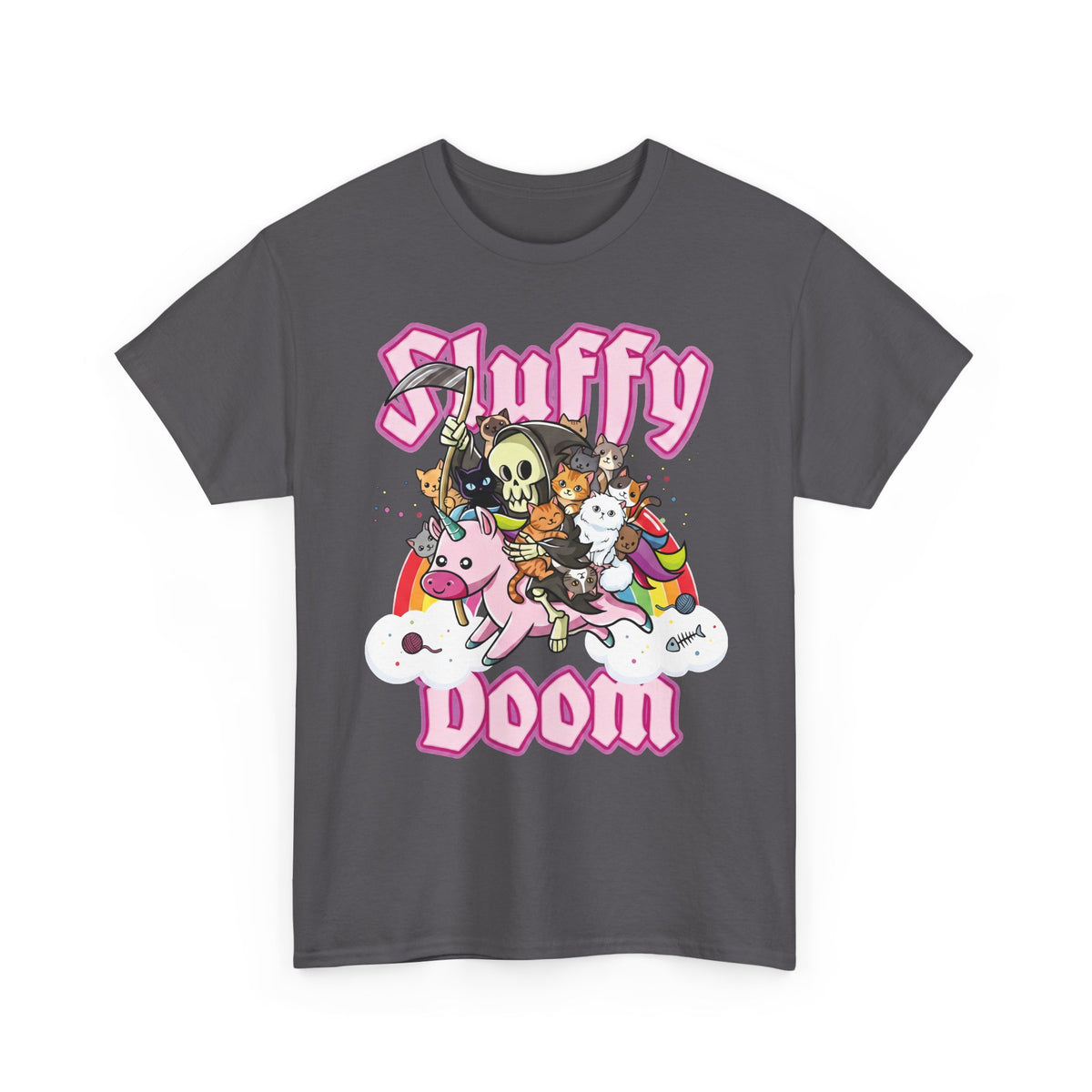 Sluffy Doom Grim Reaper Riding Unicorn T-Shirt — Pastel Goth Cat Tee