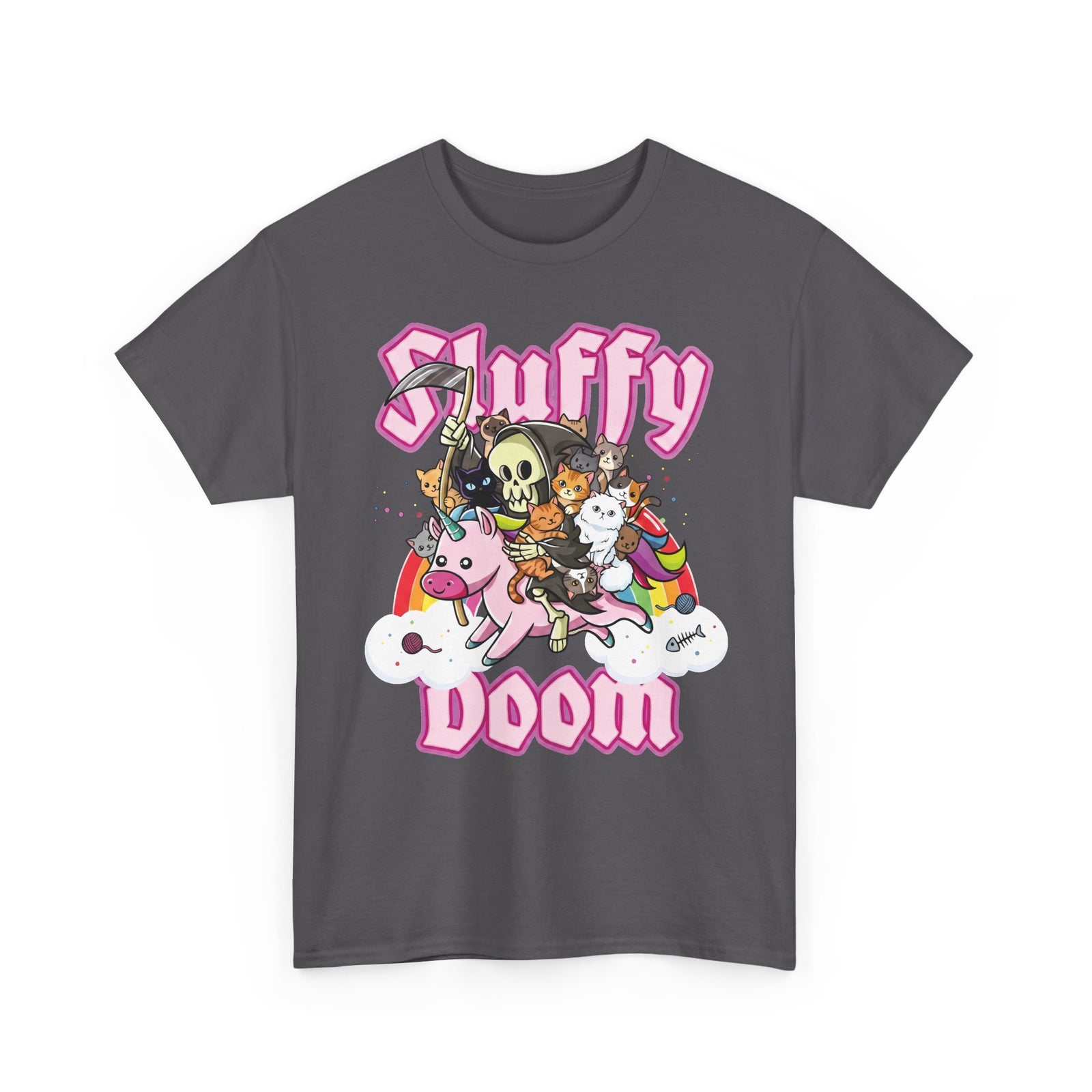 Sluffy Doom Grim Reaper Riding Unicorn T-Shirt — Pastel Goth Cat Tee