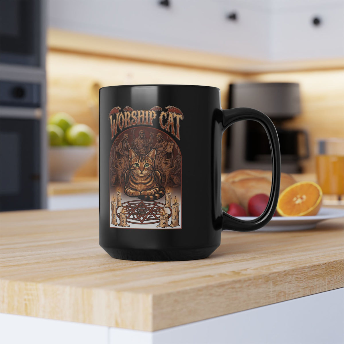 Worship Cat Black Mug — Cute Cat Faith Graphic Mug