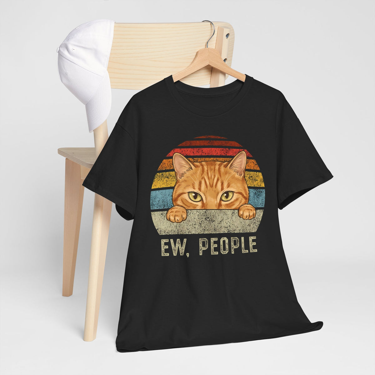 Ew People Orange Cat T-Shirt — Funny Retro Sunset Introvert Graphic Tee
