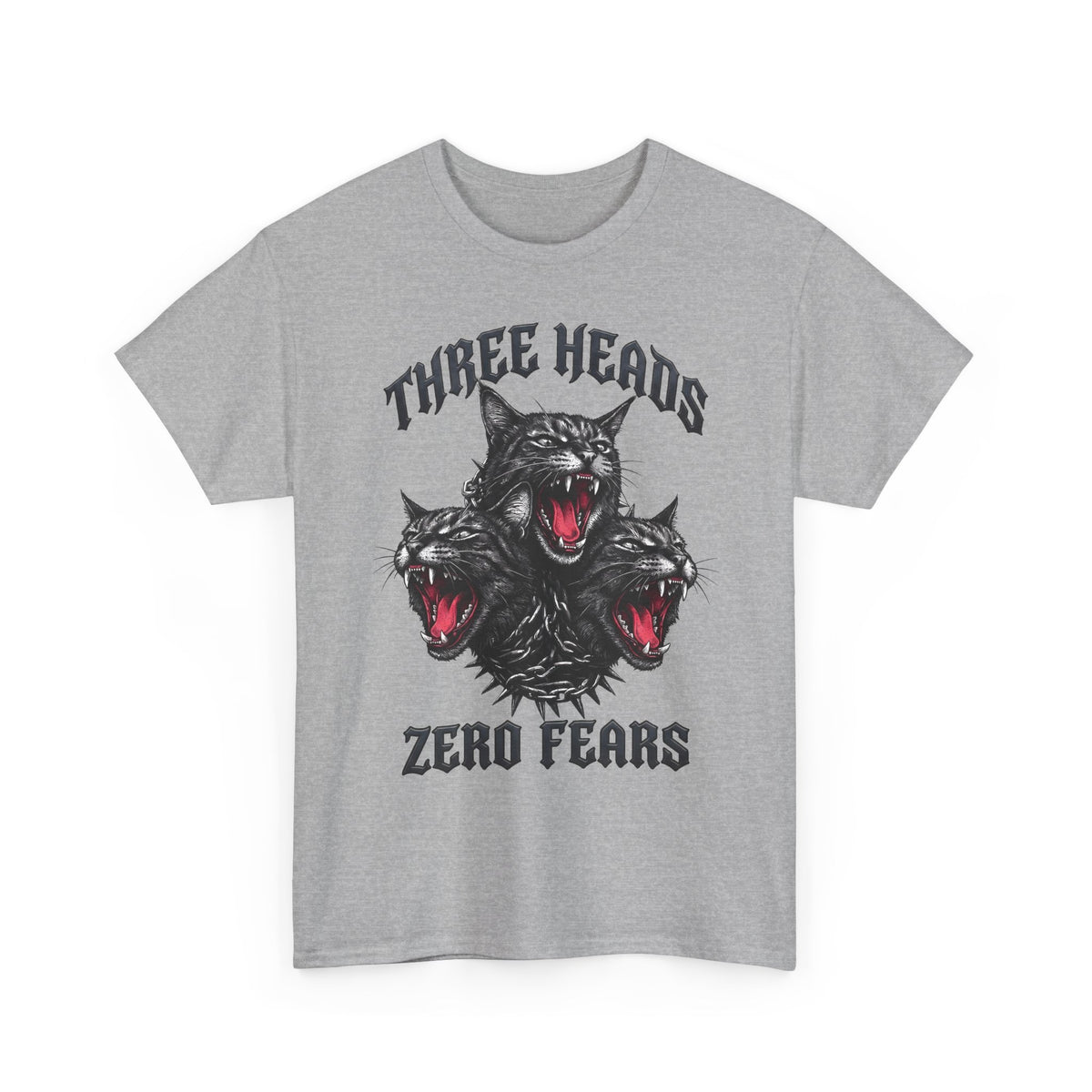 Three Heads Zero Fears Cerberus Cat Shirt — Gothic Metal Feline T-Shirt