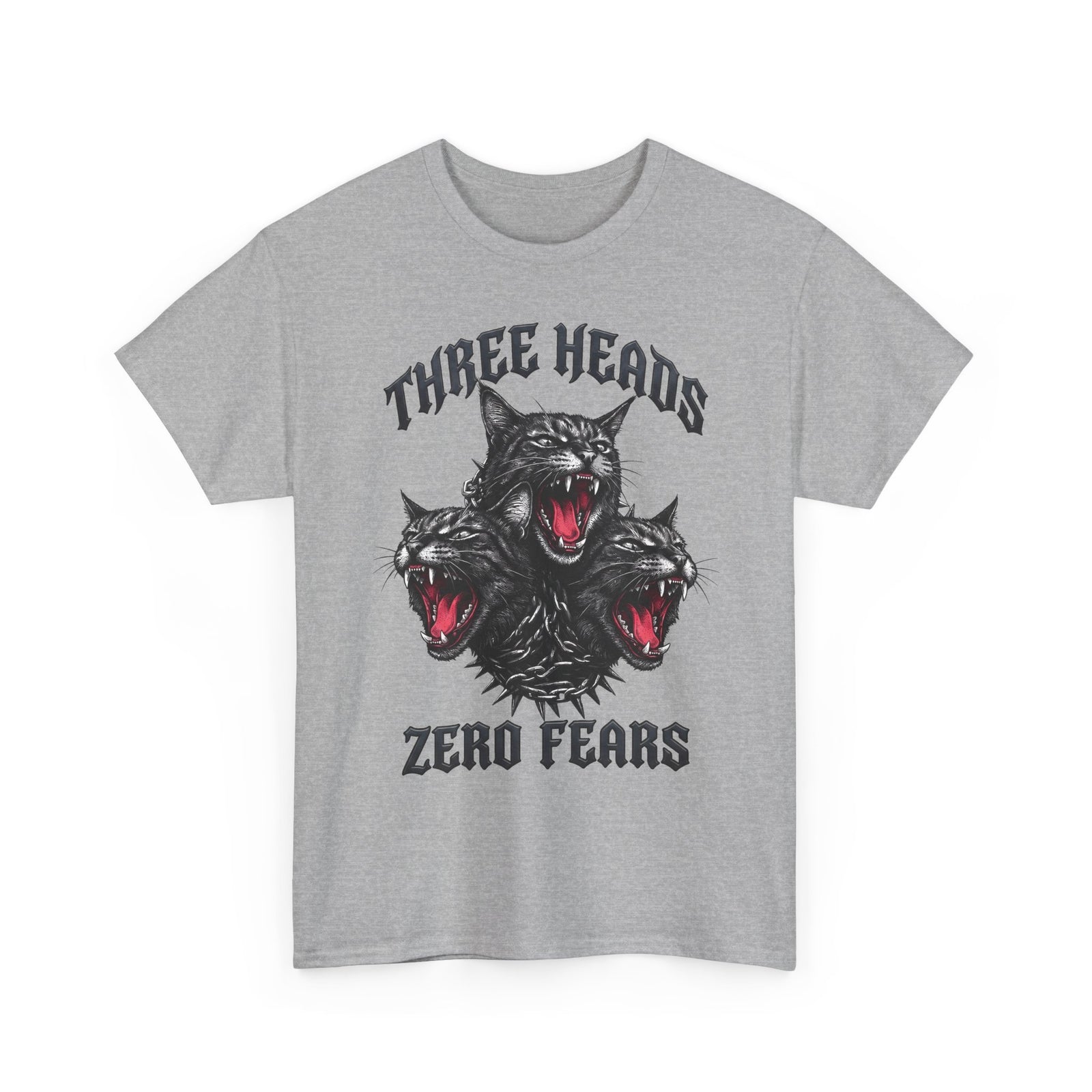 Three Heads Zero Fears Cerberus Cat Shirt — Gothic Metal Feline T-Shirt