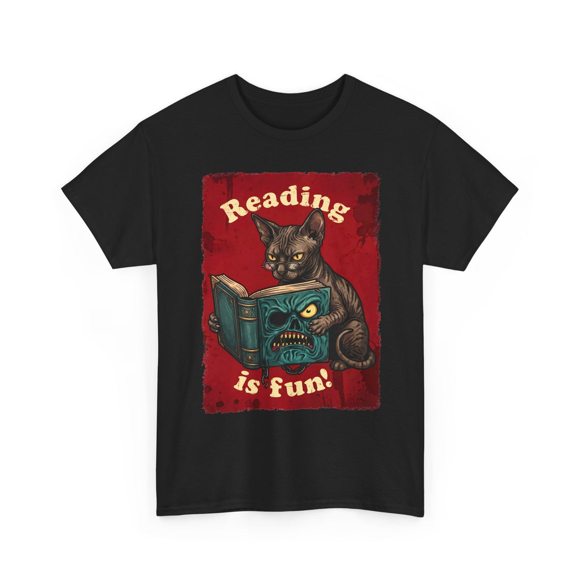 Reading Is Fun Necronomicon Sphynx Cat T-Shirt — Evil Dead Horror Book Tee