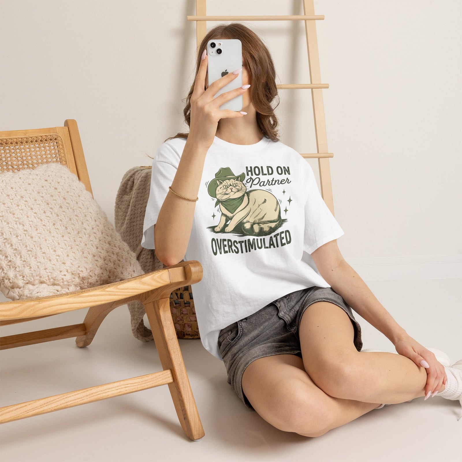 Hold On Partner Overstimulated Cat Tee — Funny Cowgirl Cat Graphic T-Shirt