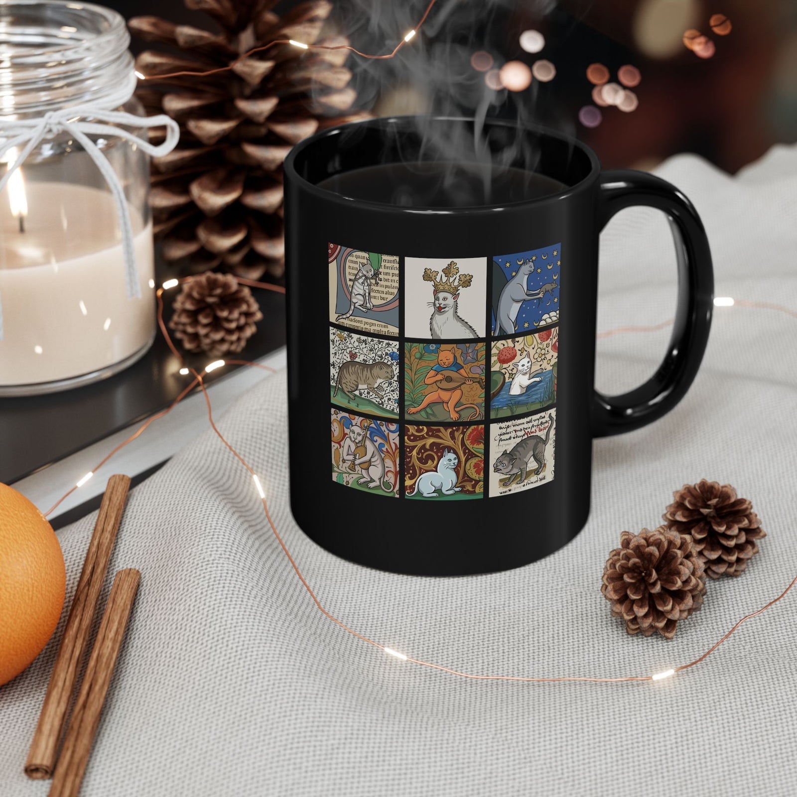 Medieval Cats Black Mug — Vintage Heraldic Cat Design
