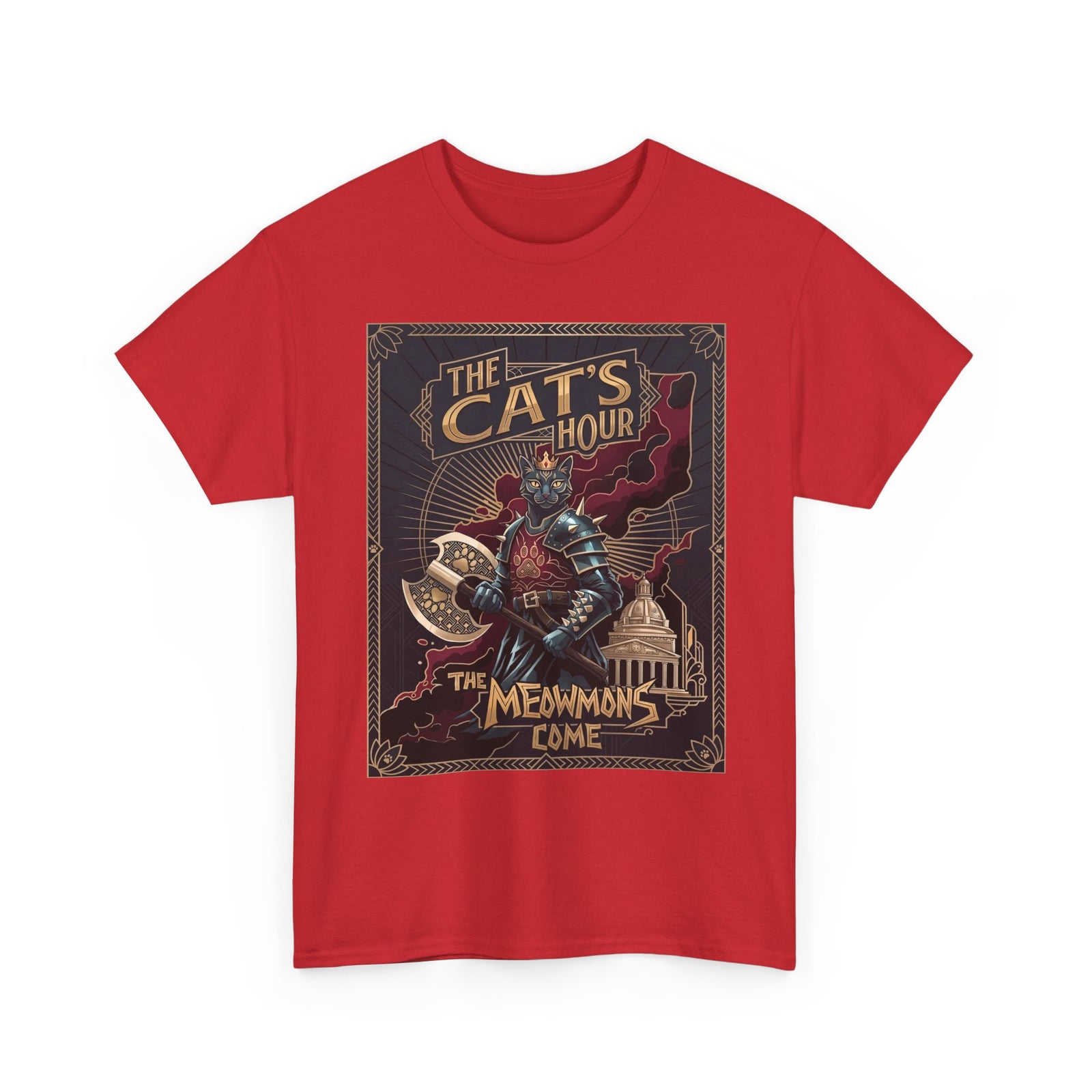 The Cat's Hour The Meowmons Come Shirt — Dark Fantasy Cat Warrior T-Shirt