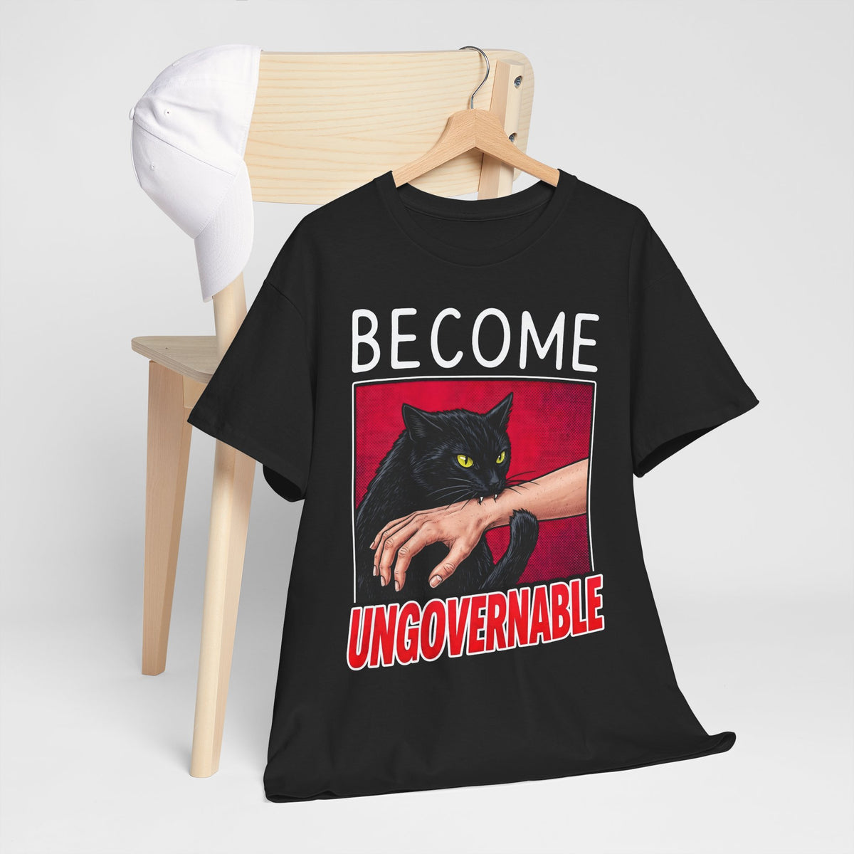 Become Ungovernable Black Cat T-Shirt — Funny Rebel Feline Biting Arm Tee