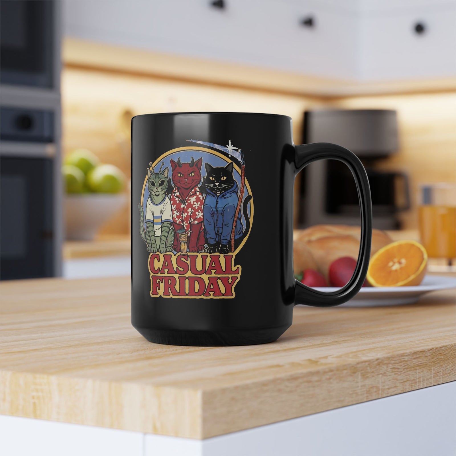 Casual Friday Cat Black Mug — Funny Alien Devil Grim Reaper Mug