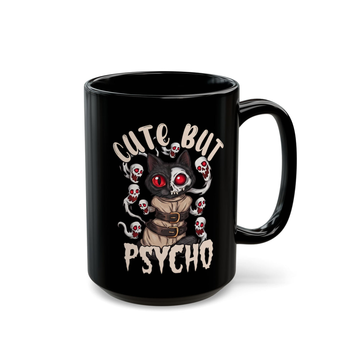 Cute But Psycho Black Mug — Funny Straightjacket Black Cat Horror Mug