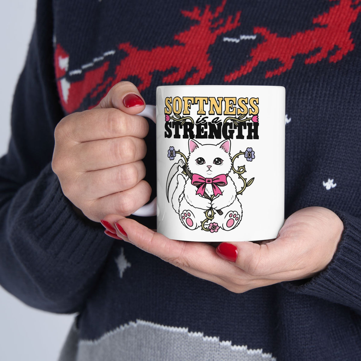 Softness Is A Strength Ceramic Mug — Funny Cute White Kitten Scythe Graphic Mug