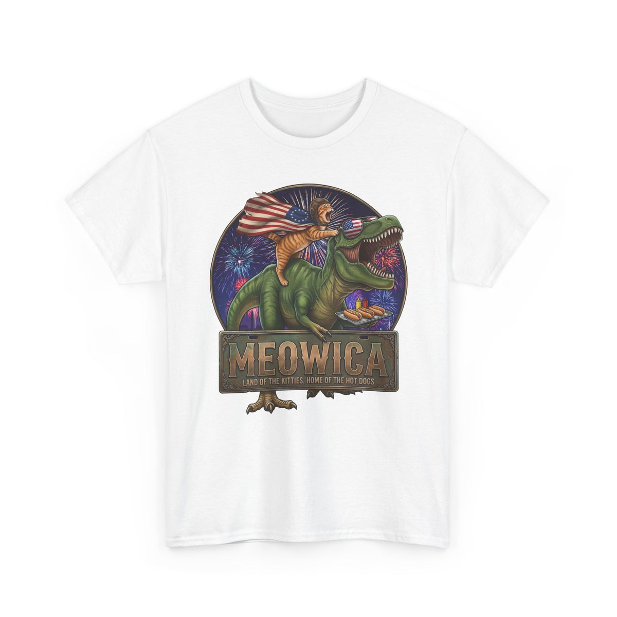 4th of July Cat Riding T‑Rex T‑Shirt "Meowica: Land of the Kitties" Patriotic Graphic