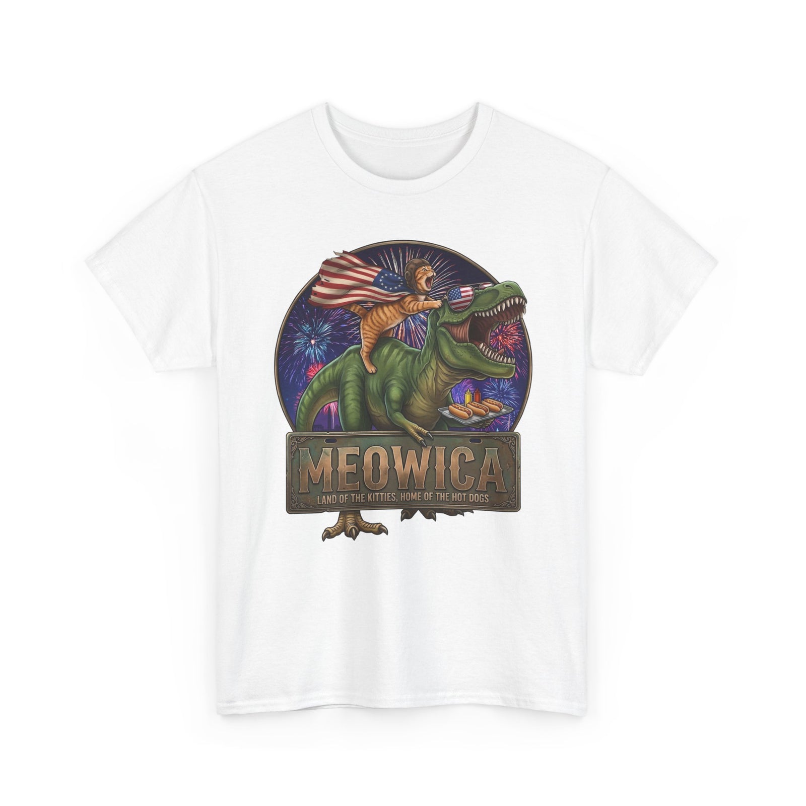 4th of July Cat Riding T‑Rex T‑Shirt "Meowica: Land of the Kitties" Patriotic Graphic