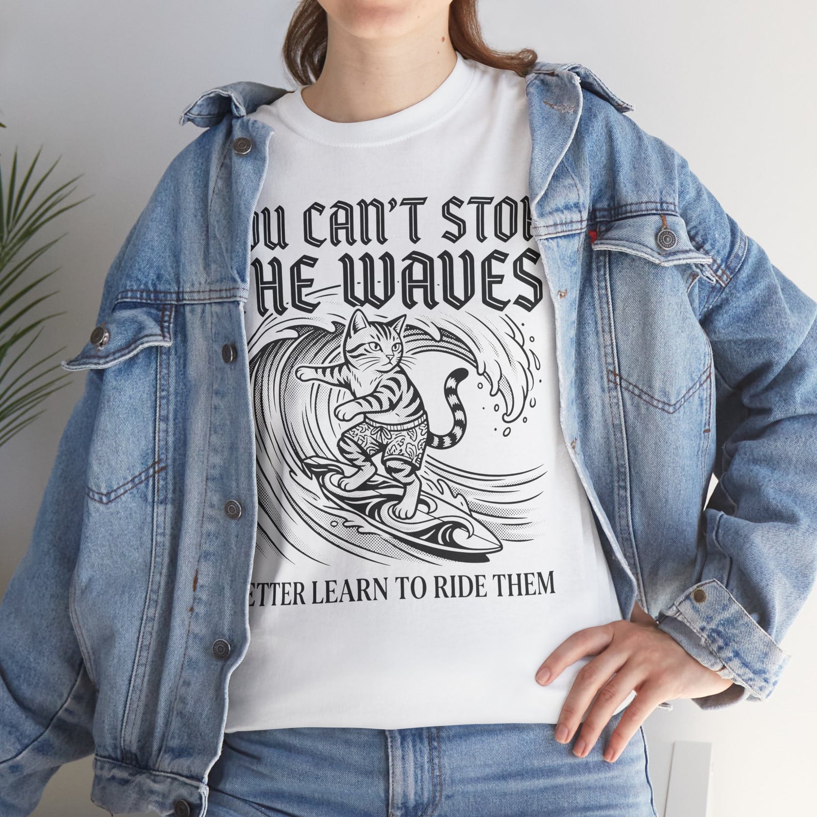 Vintage Surfer Cat T-Shirt — Monochrome Ocean Waves Graphic Tee