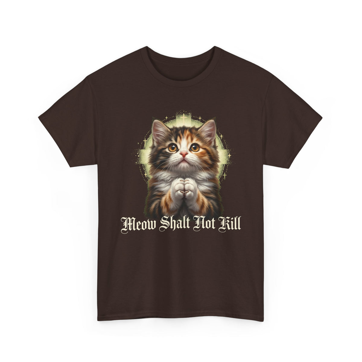 Praying Kitten T‑Shirt — "Meow Shalt Not Kill" Cute Vintage Cat Tee