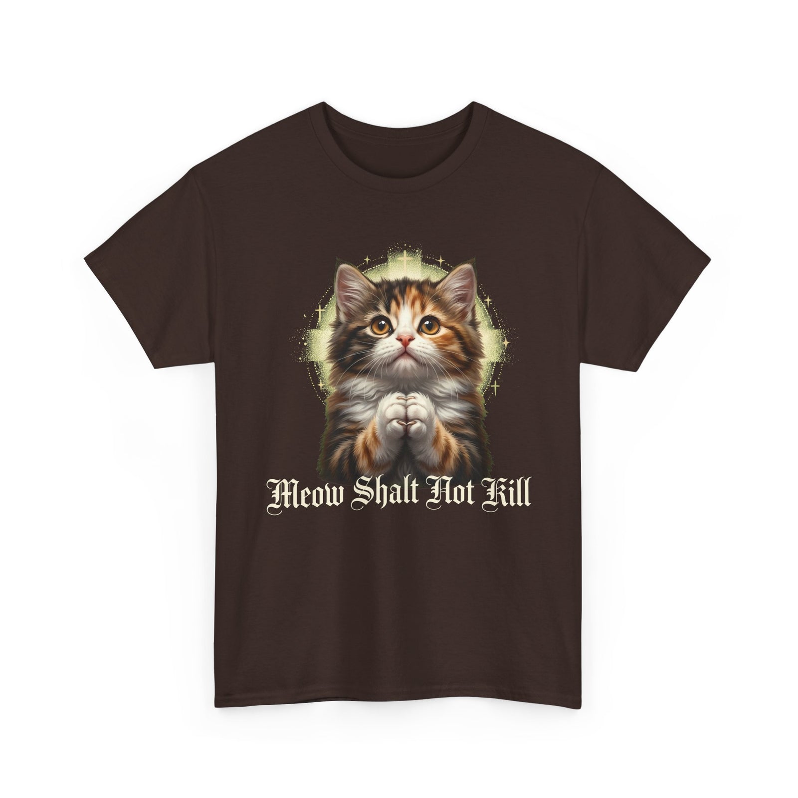 Praying Kitten T‑Shirt — "Meow Shalt Not Kill" Cute Vintage Cat Tee