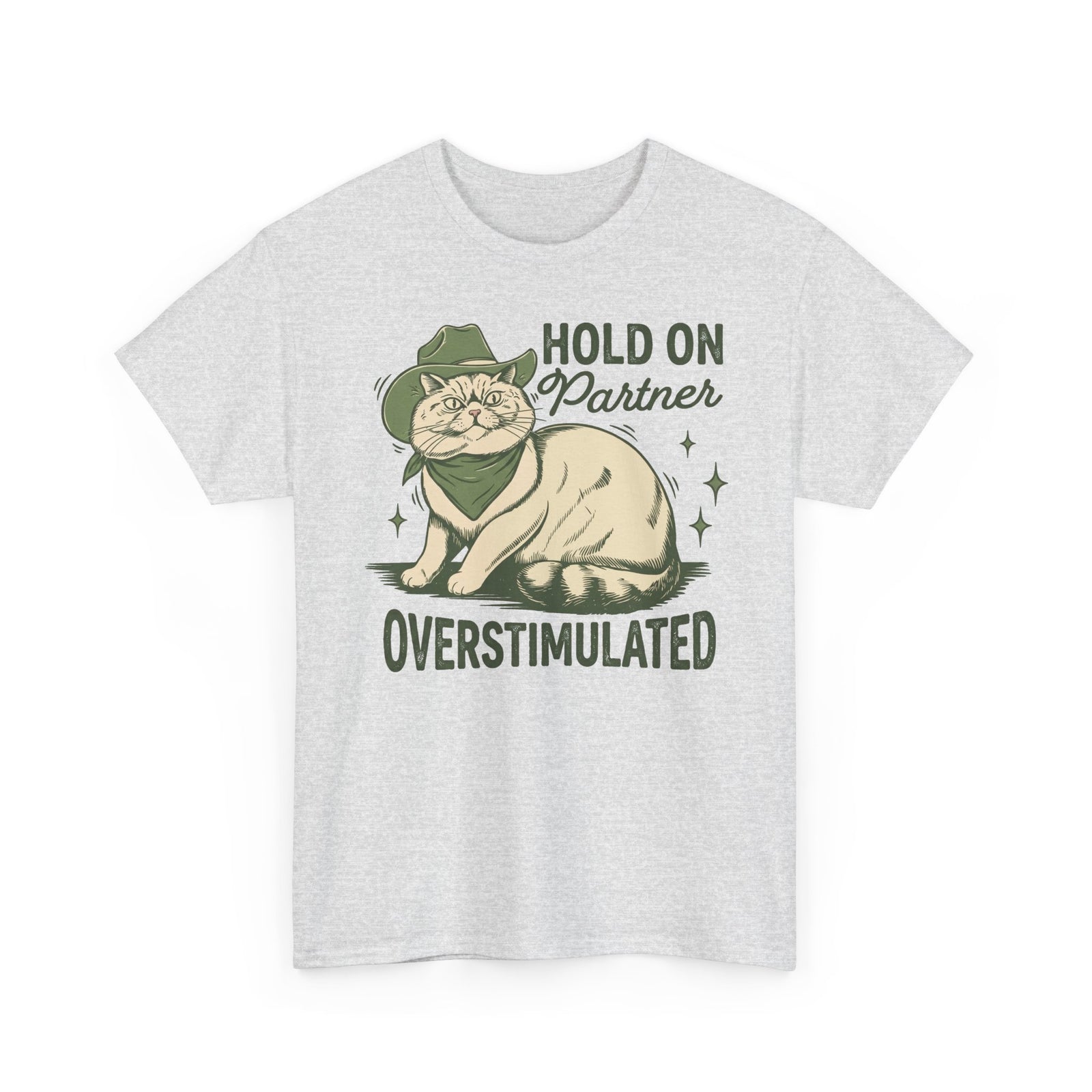 Hold On Partner Overstimulated Cat Tee — Funny Cowgirl Cat Graphic T-Shirt