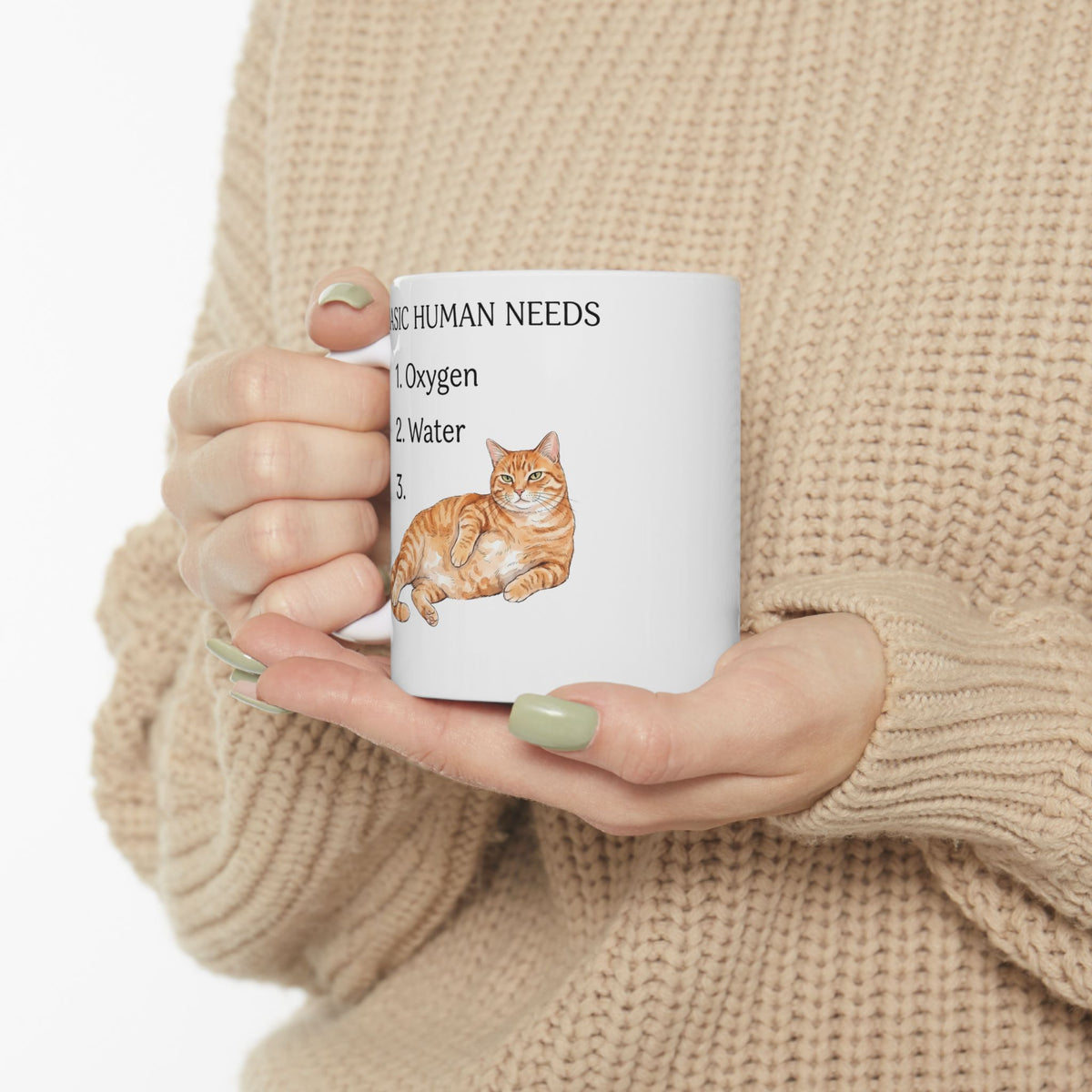 Basic Human Needs Orange Cat Ceramic Mug — Funny Sarcastic Tabby Mug