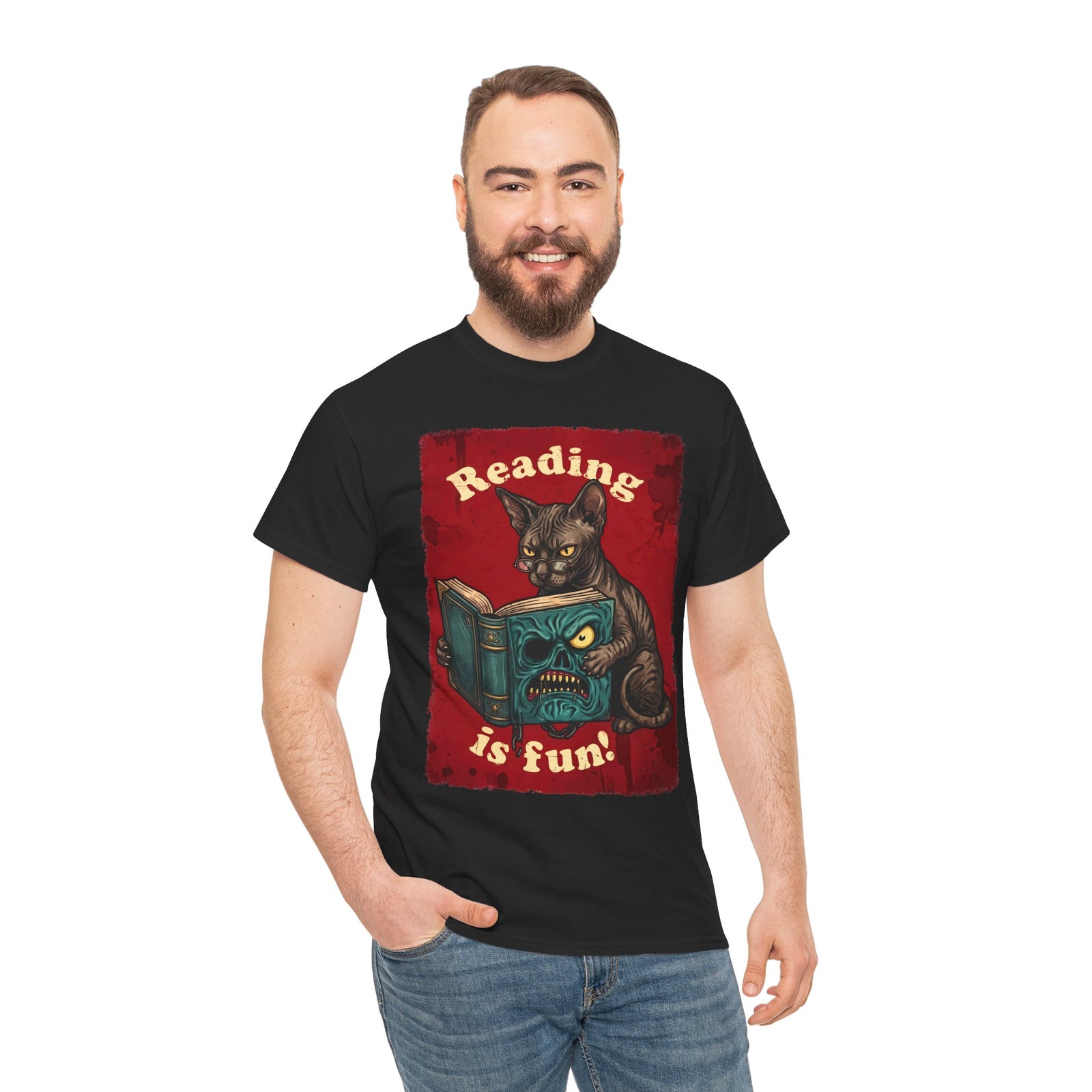 Reading Is Fun Necronomicon Sphynx Cat T-Shirt — Evil Dead Horror Book Tee