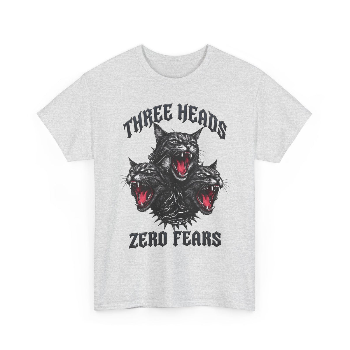 Three Heads Zero Fears Cerberus Cat Shirt — Gothic Metal Feline T-Shirt