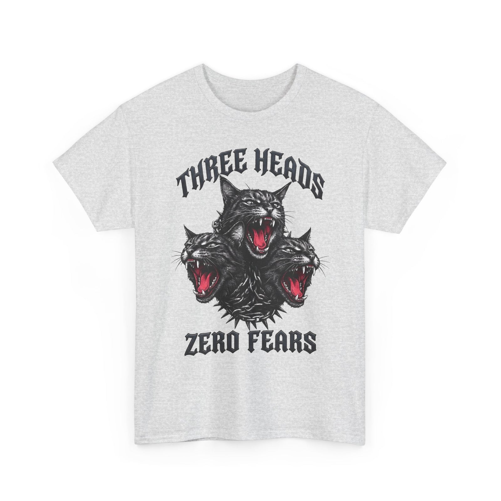 Three Heads Zero Fears Cerberus Cat Shirt — Gothic Metal Feline T-Shirt