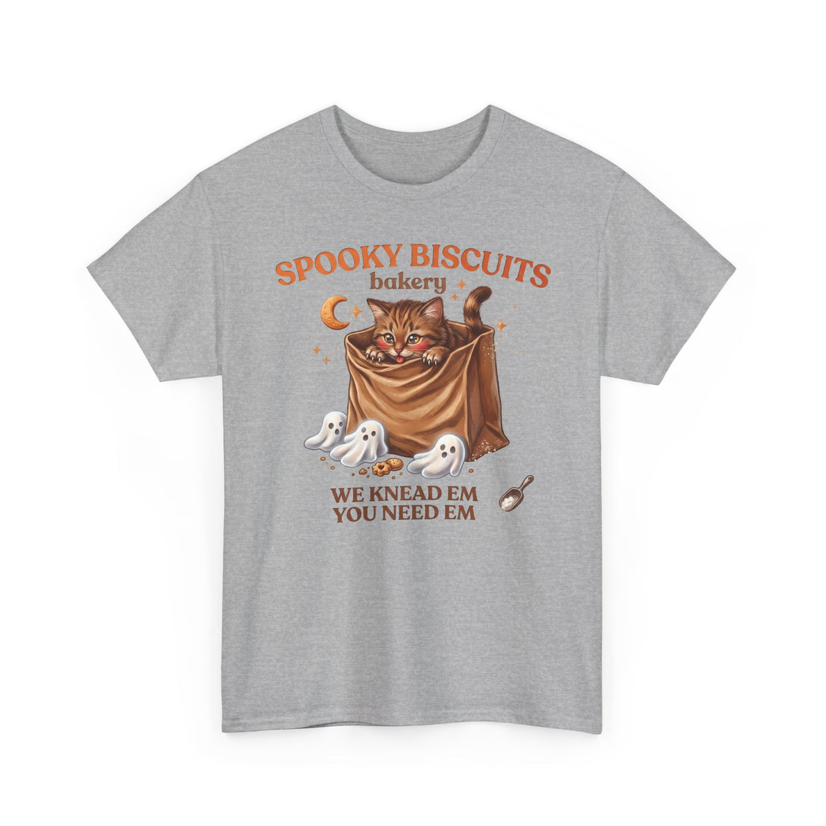 Spooky Biscuits Bakery Cute Tabby Cat T-Shirt — Whimsical Kneading Feline Tee